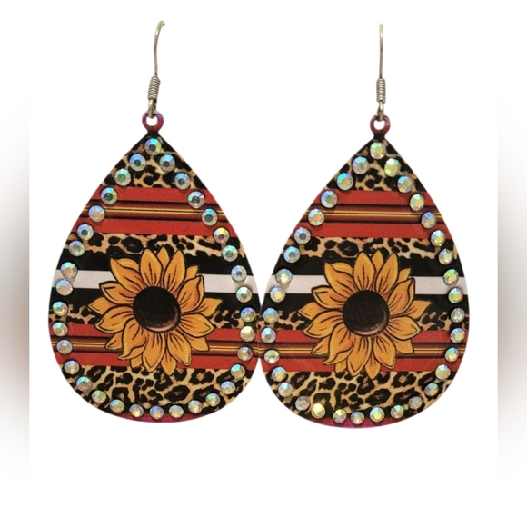 Sunflower Teardrop Earrings with Rhinestones New - Picture 3 of 4